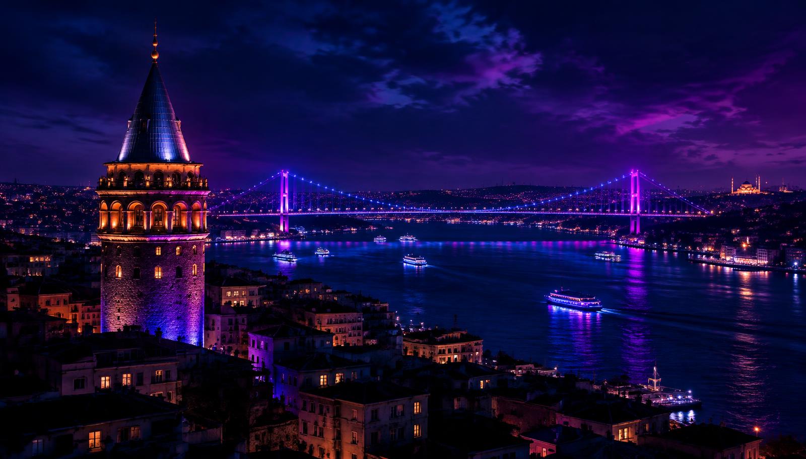Gece İstanbul, Galata Kulesi ve Boğaz Köprüsü